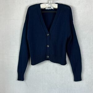 White + Warren Cardigan Women's Large Navy Blue Knit V-Neck Button Up